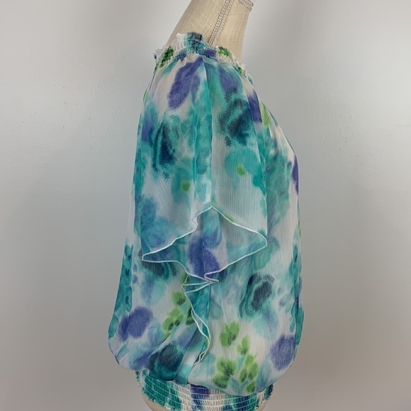 Massini Shirred Floral Blouse Flutter Angel Sleeves Size Large - Picture 3 of 12